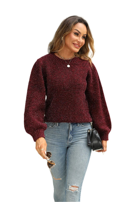 TEEK - Tied Heathered Round Neck Long Sleeve Sweater TEEK Trend