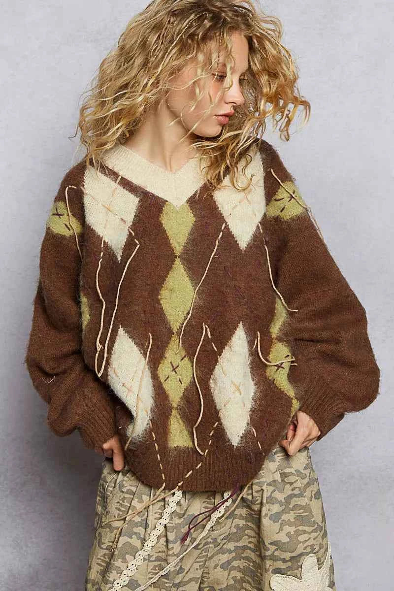 TEEK - V-Neck Argyle Pattern Mohair Contrast Exposed Stitch Sweater TOPS TEEK Trend