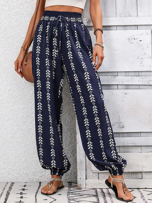 TEEK - Tied Printed High Waist Pants PANTS TEEK Trend Dark Blue S