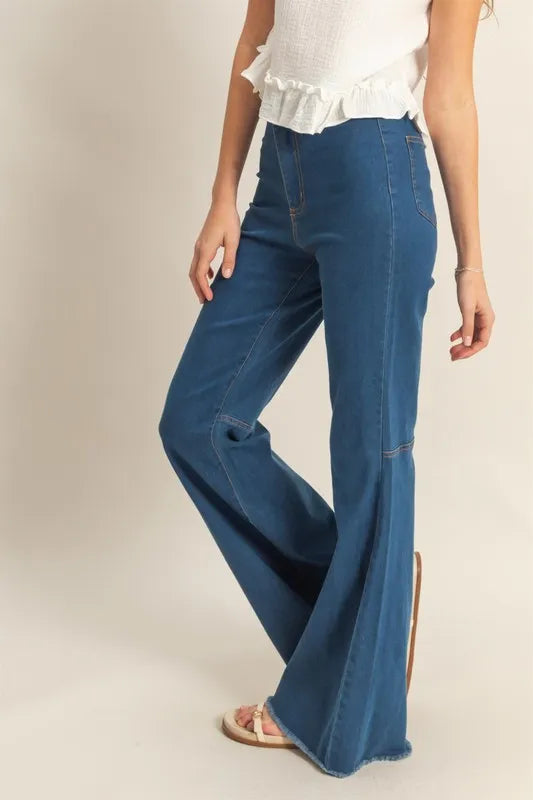 TEEK - Dark Raw Hem High-Waist Washed Flared Jeans JEANS TEEK Trend