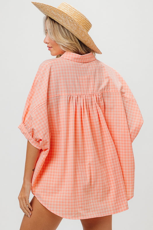 TEEK - Light Coral Plaid Button Up Dolman Sleeve Shirt TOPS TEEK Trend