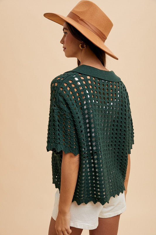 TEEK - Dark Green Openwork Johnny Collar Knit Top TOPS TEEK Trend