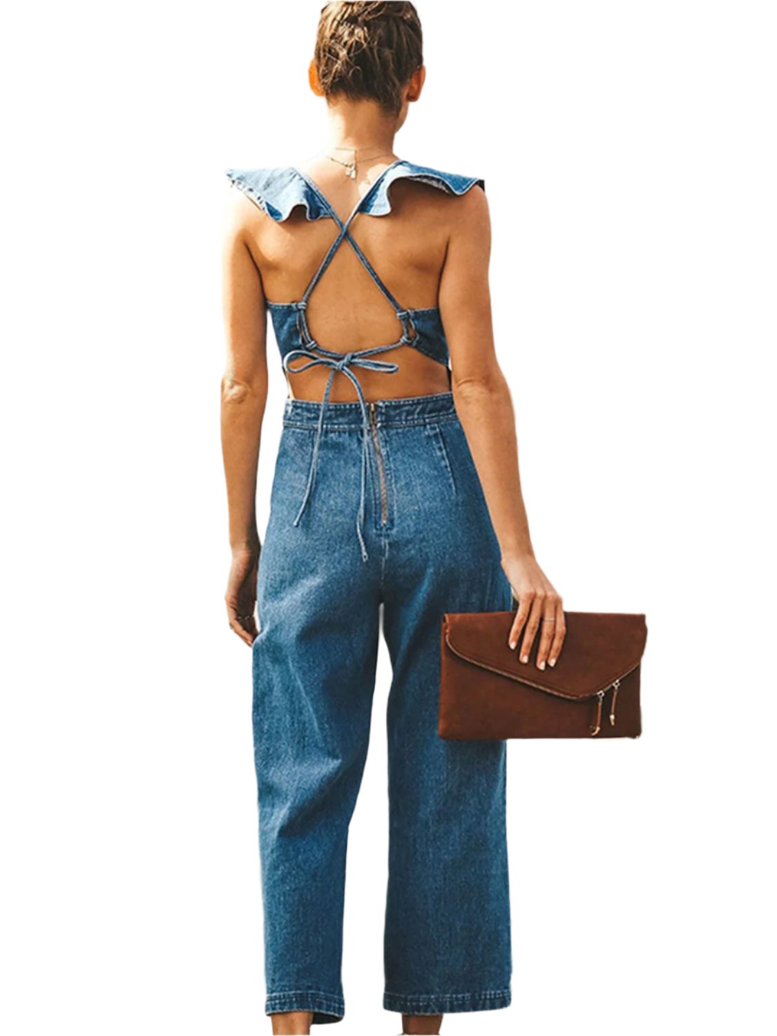 TEEK - Ruffled Backless Sleeveless Denim Jumpsuit JUMPSUIT TEEK Trend