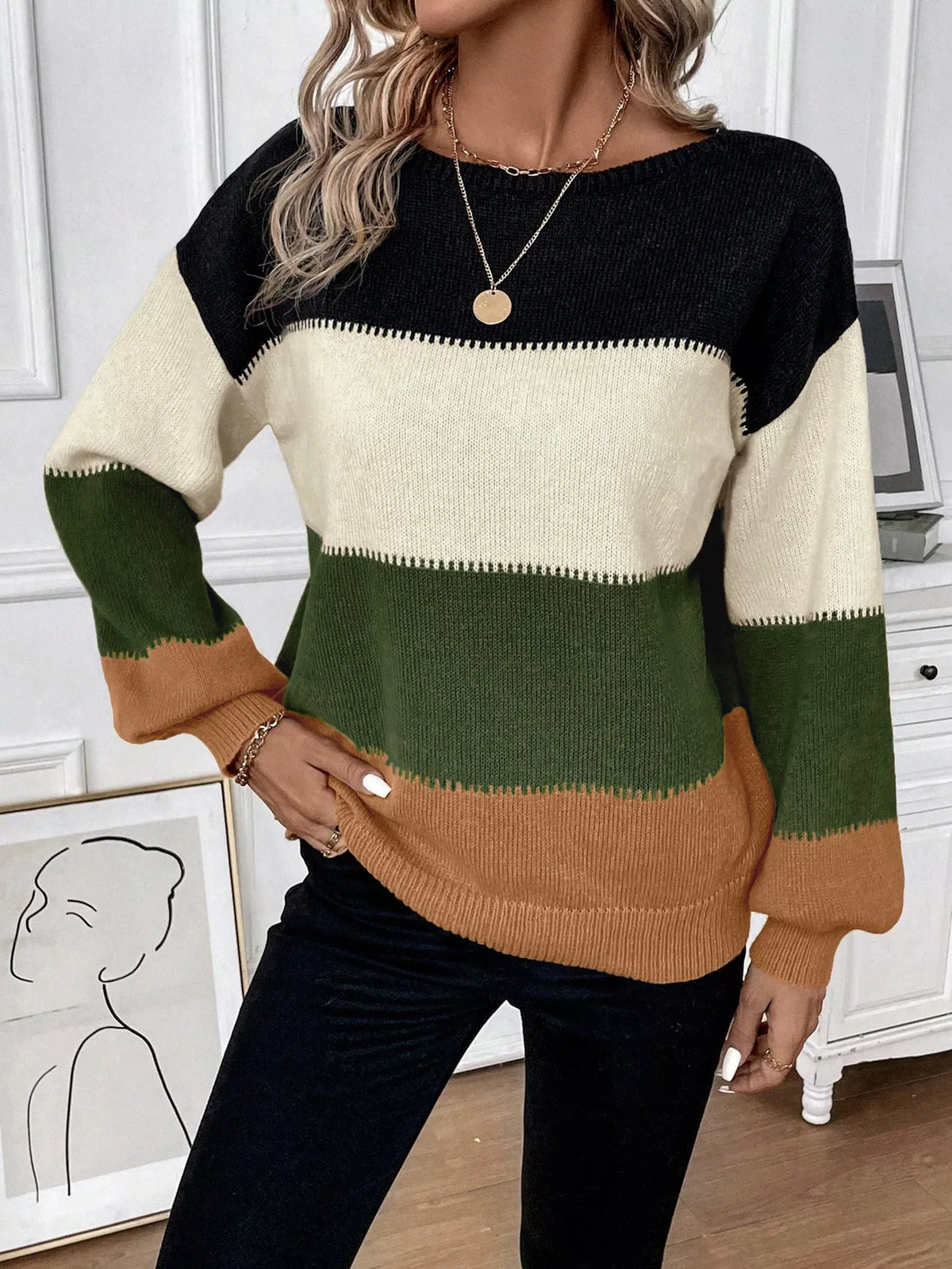 TEEK - Color Block Round Neck Knit Sweater TOPS TEEK Trend Olive Green S