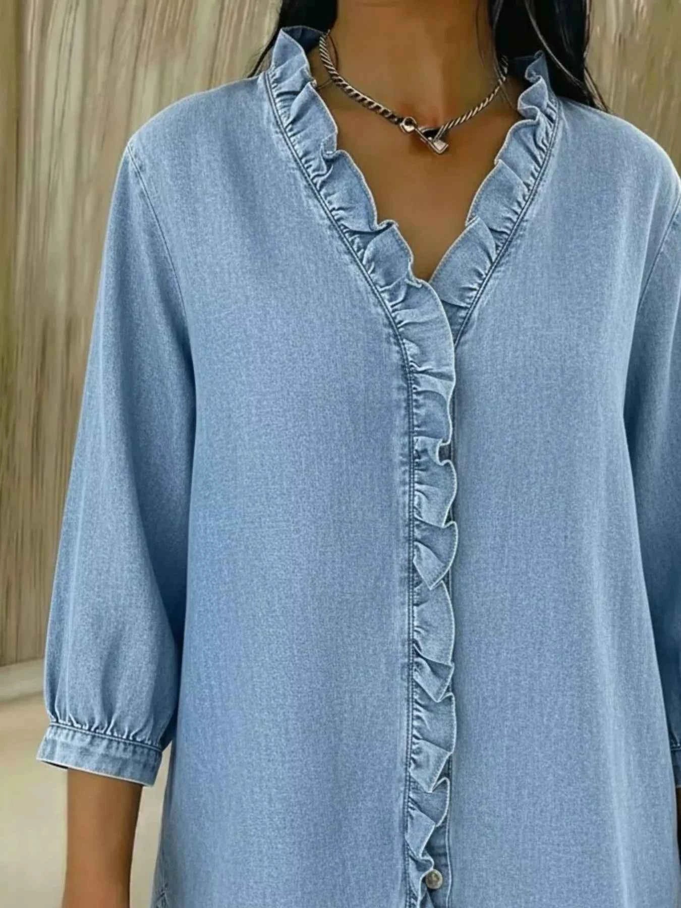 TEEK - Full Size V-Neck Ruffled Button Down Shirt Plus Size TOPS TEEK Trend