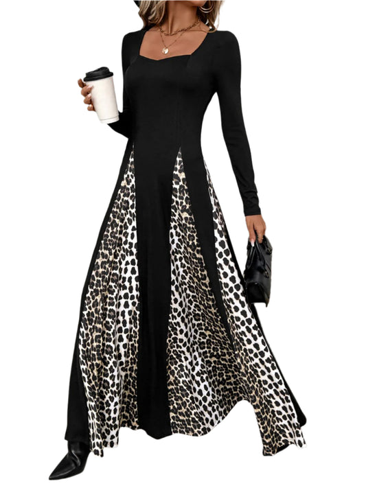 TEEK - Black Leopard Square Neck Long Sleeve Dress DRESS TEEK Trend S