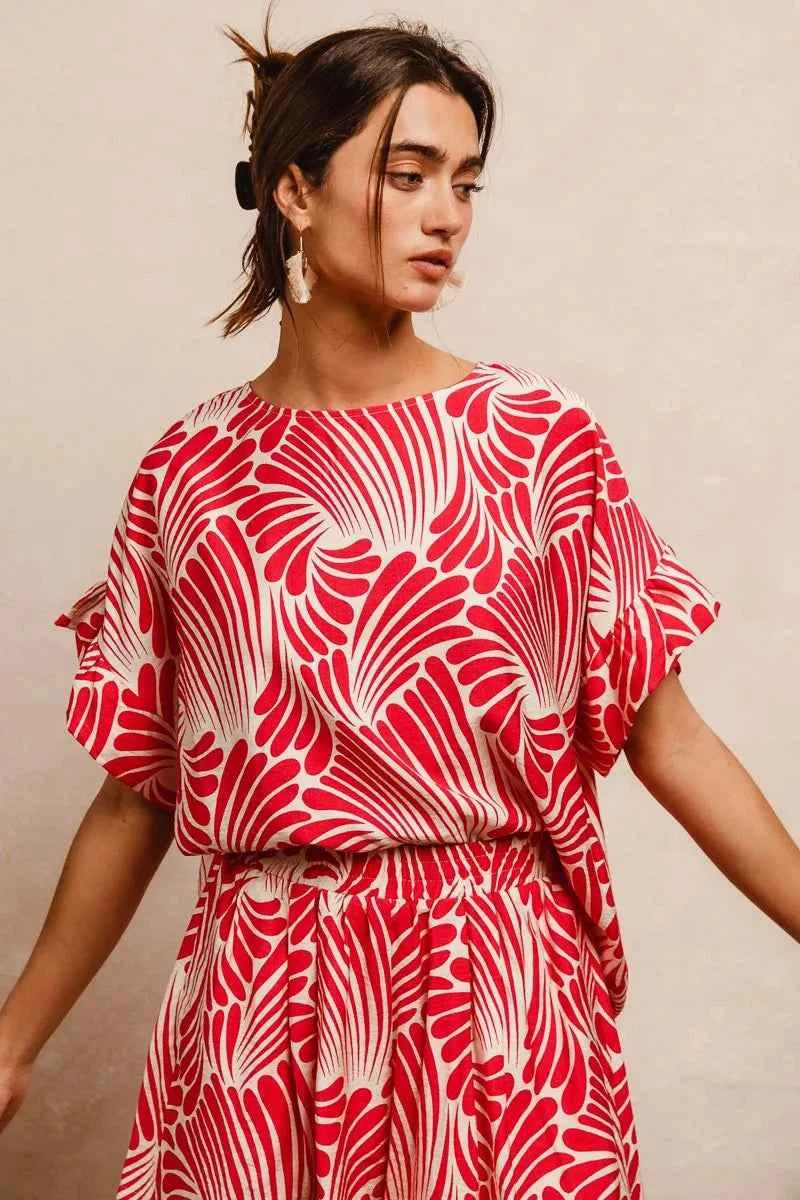 TEEK - Print Woven Ruffled Sleeves Top TOPS TEEK Trend