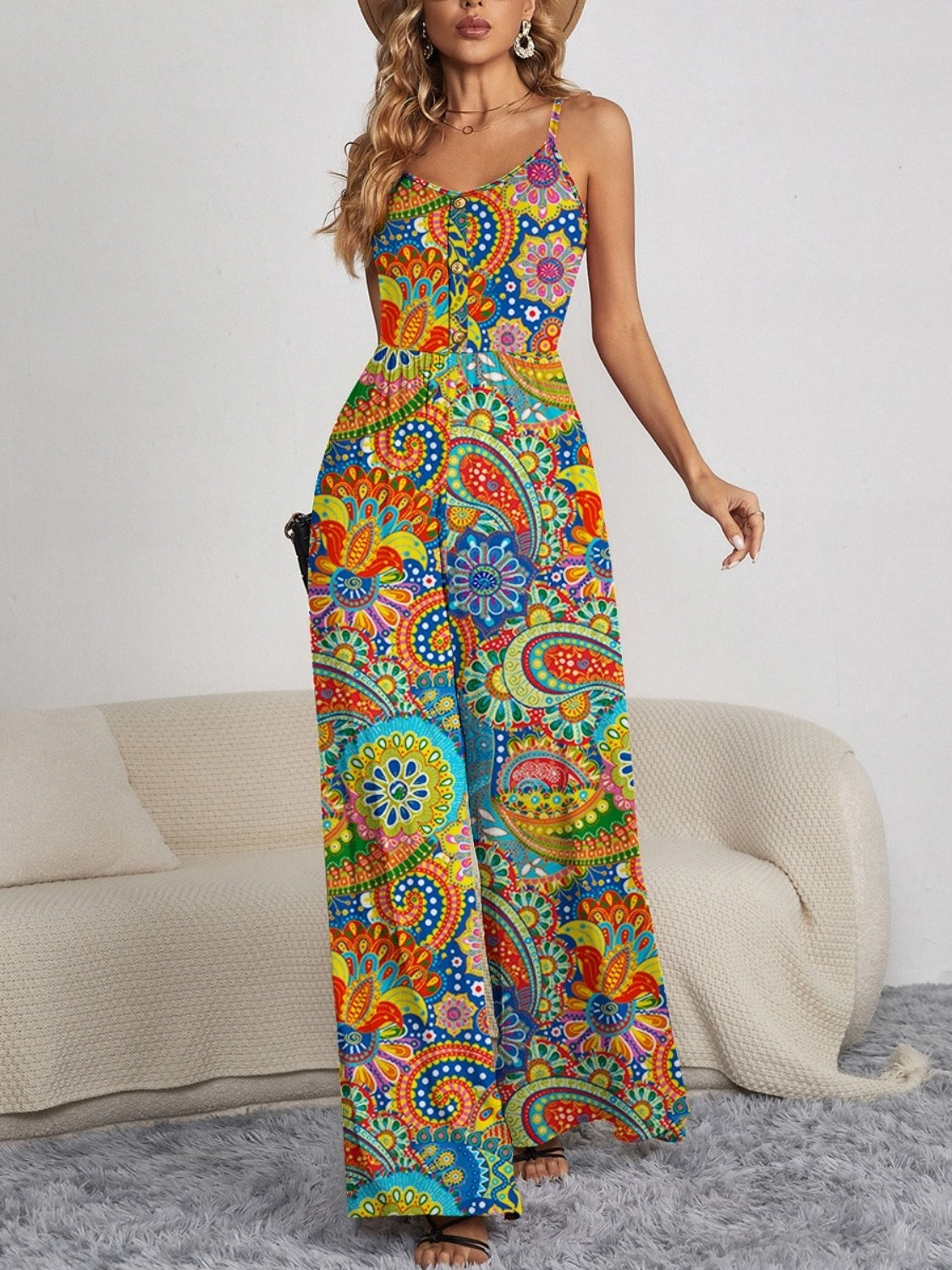 TEEK - Floral Button Spaghetti Strap Wide Leg Jumpsuit JUMPSUIT TEEK Trend Multicolor M