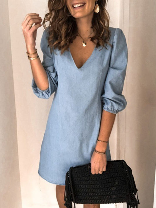 TEEK - V-Neck Half Sleeve Denim Dress DRESS TEEK Trend