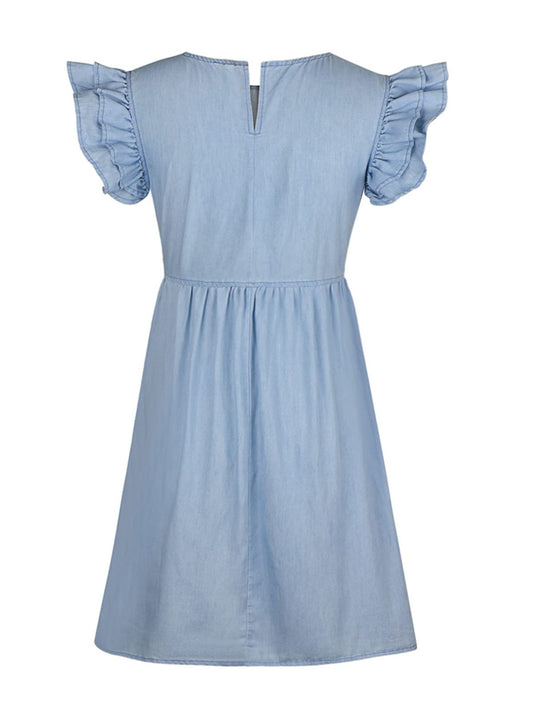 TEEK - Ruffled Round Neck Cap Sleeve Denim Dress DRESS TEEK Trend