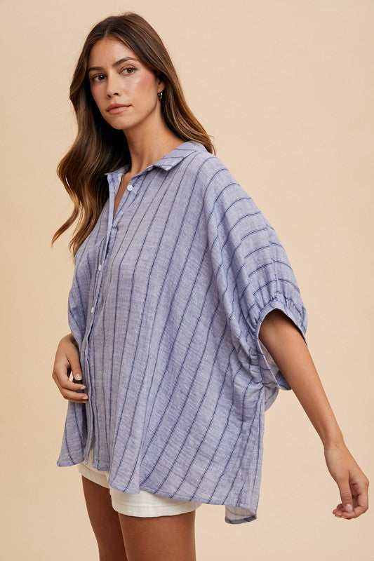TEEK - Dusty Blue Striped Button Up Half Sleeve Shirt TOPS TEEK Trend
