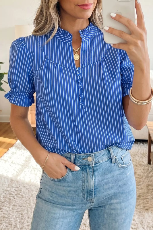 Stripe Ruffled Short Puff Sleeve Button Front Blouse Trendsi