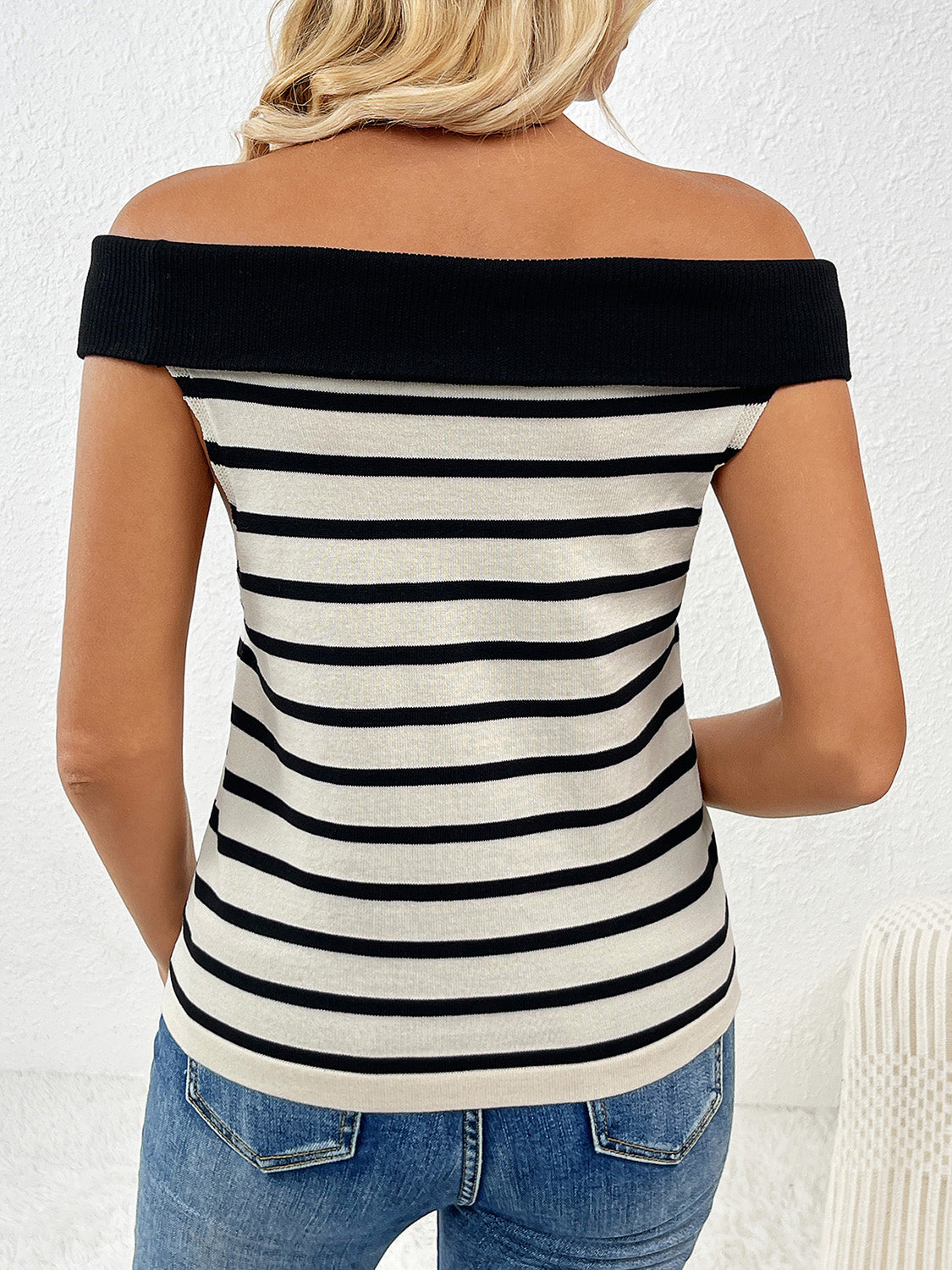 TEEK - Decor Button Striped Off-Shoulder Knit Top TOPS TEEK Trend