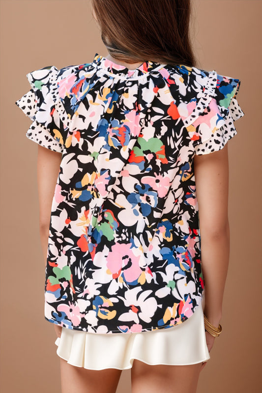 TEEK - Black Ruffled Printed Tie Neck Cap Sleeve Blouse TOPS TEEK Trend