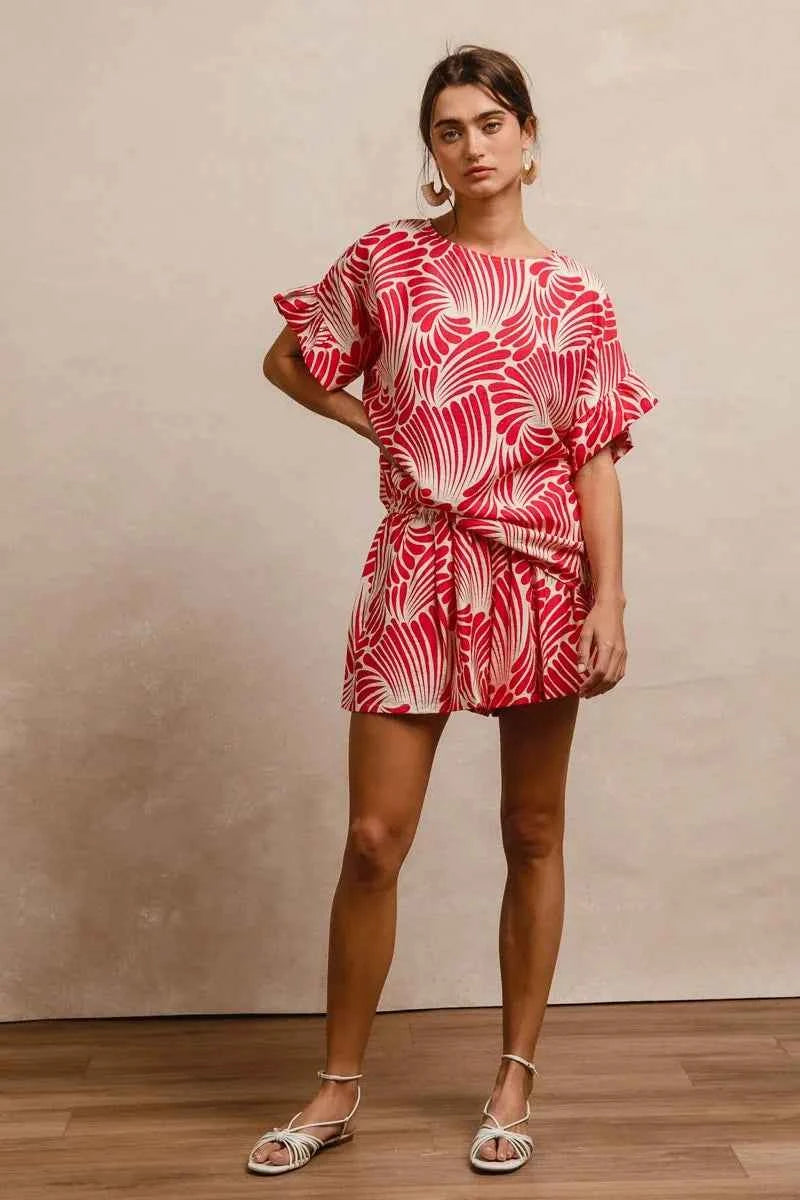 TEEK - Print Woven Ruffled Sleeves Top TOPS TEEK Trend