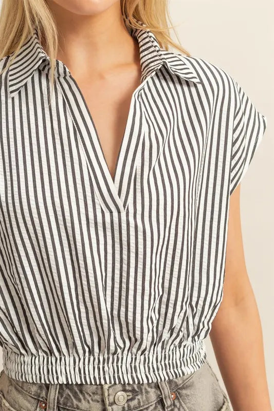 TEEK - Black Striped Elastic Hem Johnny Collar Cap Sleeve Blouse TOPS TEEK Trend