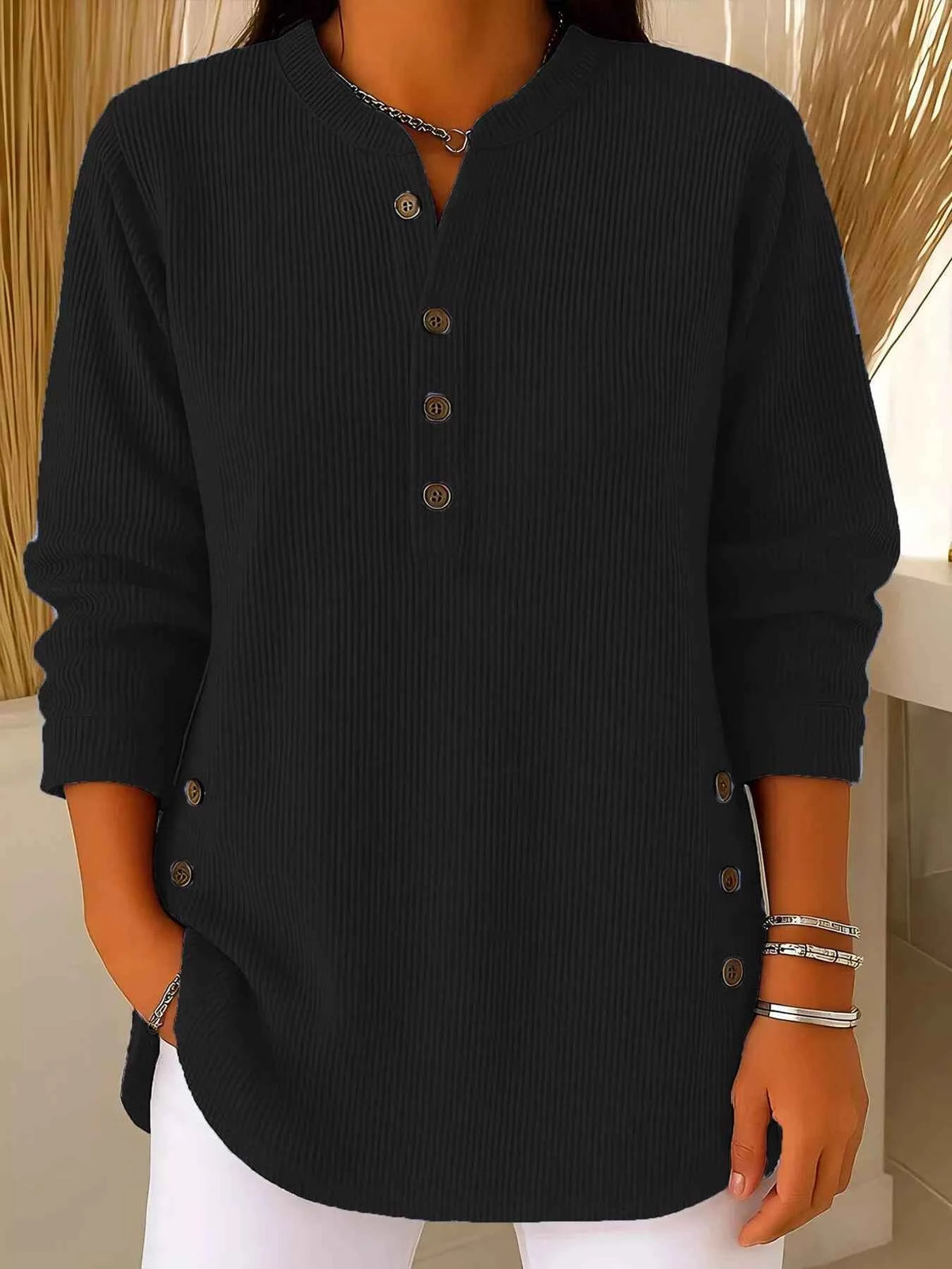 TEEK - Full Size Ribbed Half Button Henley Top Plus Size TOPS TEEK Trend Black S