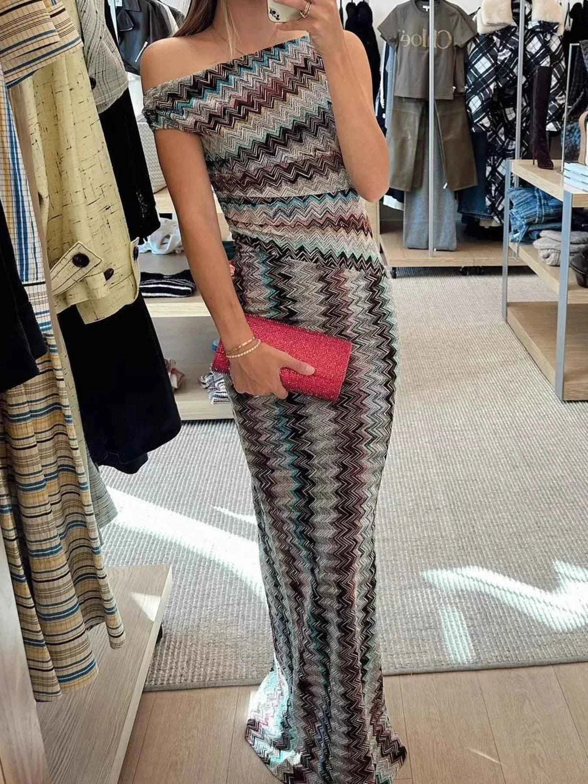 TEEK - One-Shoulder Zigzag Knit Maxi Dress DRESS TEEK Trend