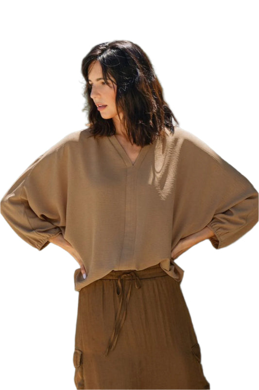 TEEK - Camel Notched Batwing Sleeve Blouse TOPS TEEK Trend S