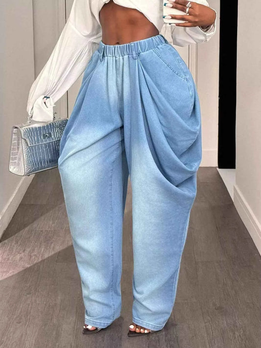 Ruched Wide Leg Jeans Trendsi