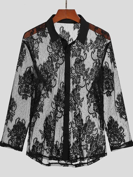 TEEK - Men's Black Lace Button Down Long Sleeve Shirt TOPS TEEK Trend