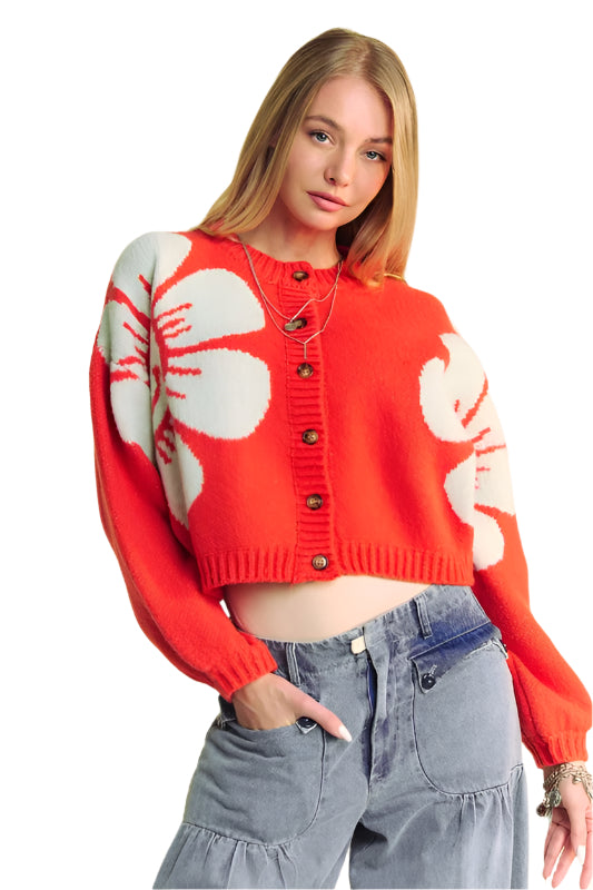 TEEK - Orange Flower Contrast Long Sleeve Cardigan SWEATER TEEK Trend S