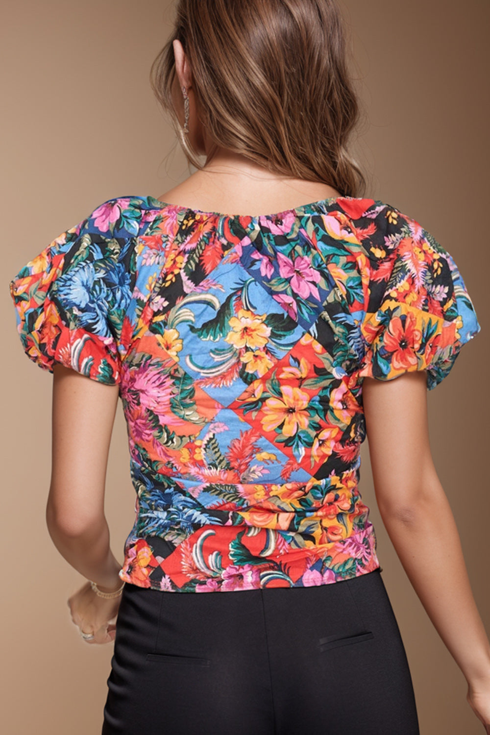 TEEK - Floral Ruched Printed V-Neck Short Sleeve Blouse TOPS TEEK Trend