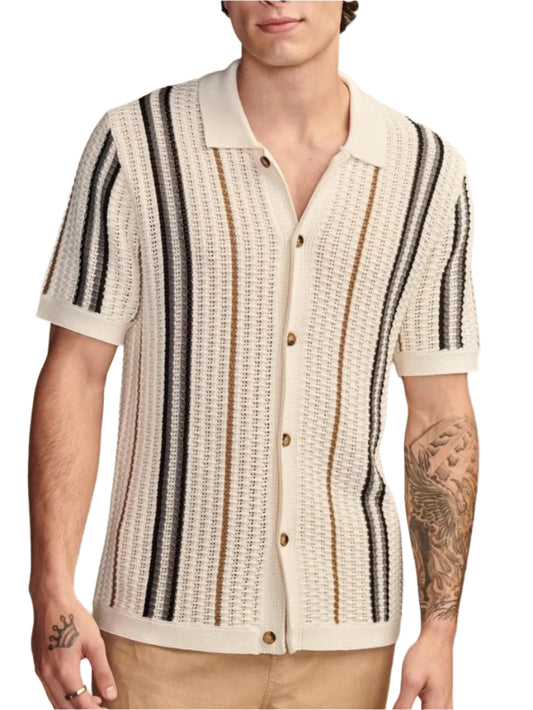 TEEK - Mens Striped Collared Neck Short Sleeve Shirt TOPS TEEK Trend Beige M