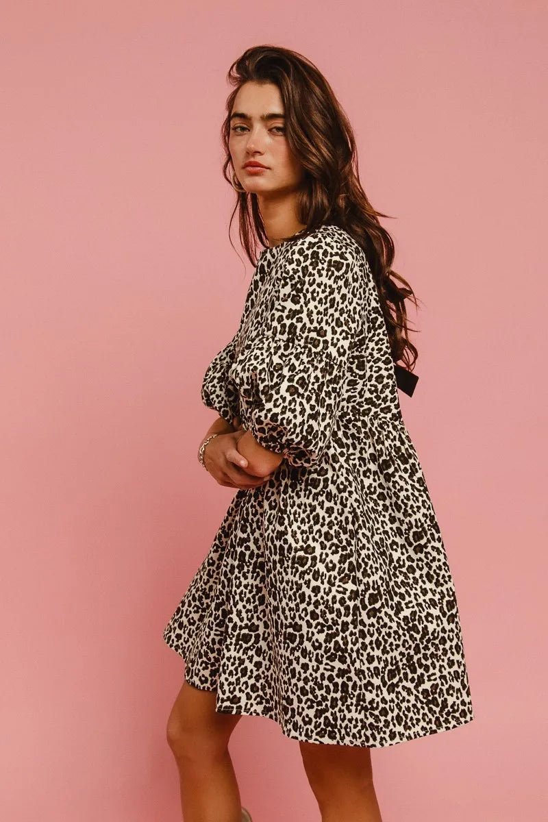 TEEK - Off White Leopard Back Contrast Tie Denim Dress DRESS TEEK Trend
