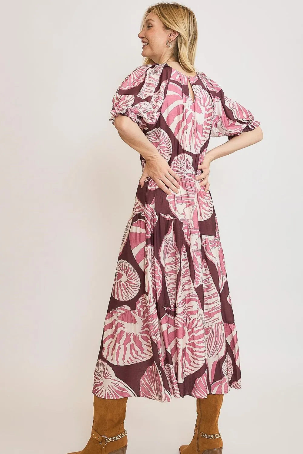 TEEK - Plum Mauve Umgee Printed Notched Puff Sleeve Midi Dress DRESS TEEK Trend