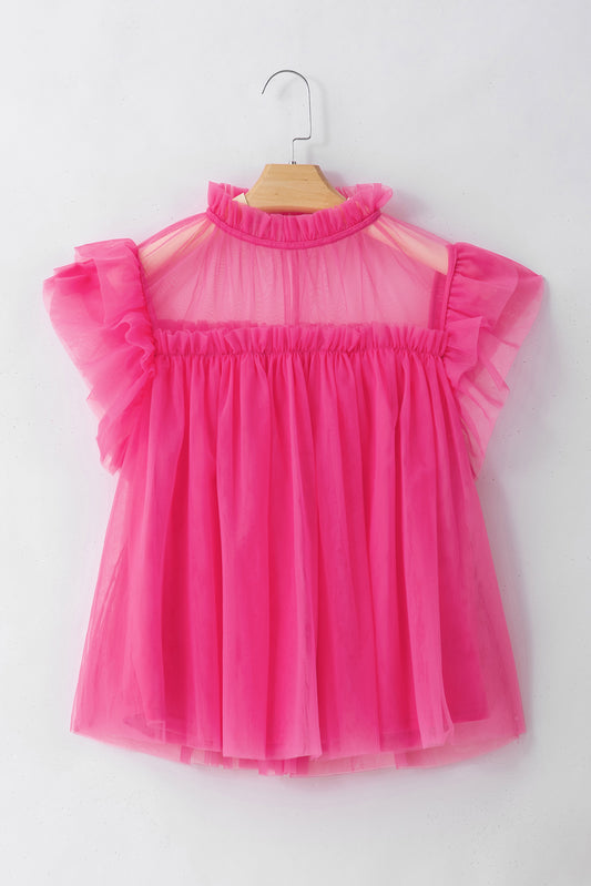 TEEK - Hot Pink Frill Mock Neck Cap Sleeve Blouse TOPS TEEK Trend