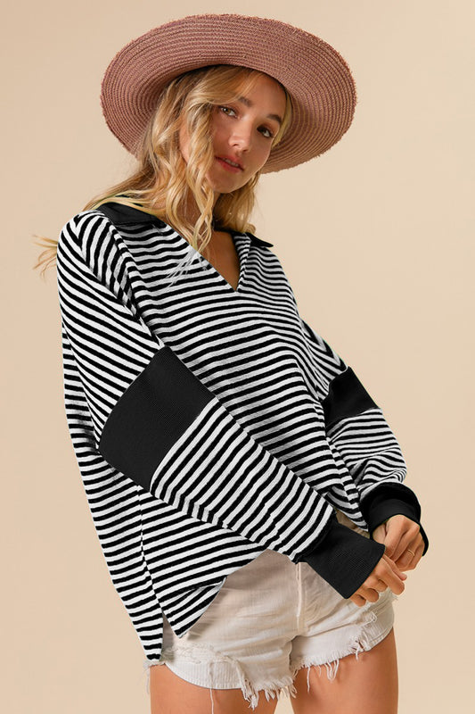 TEEK - Black Striped Contrast Long Sleeve Knit Top TOPS TEEK Trend