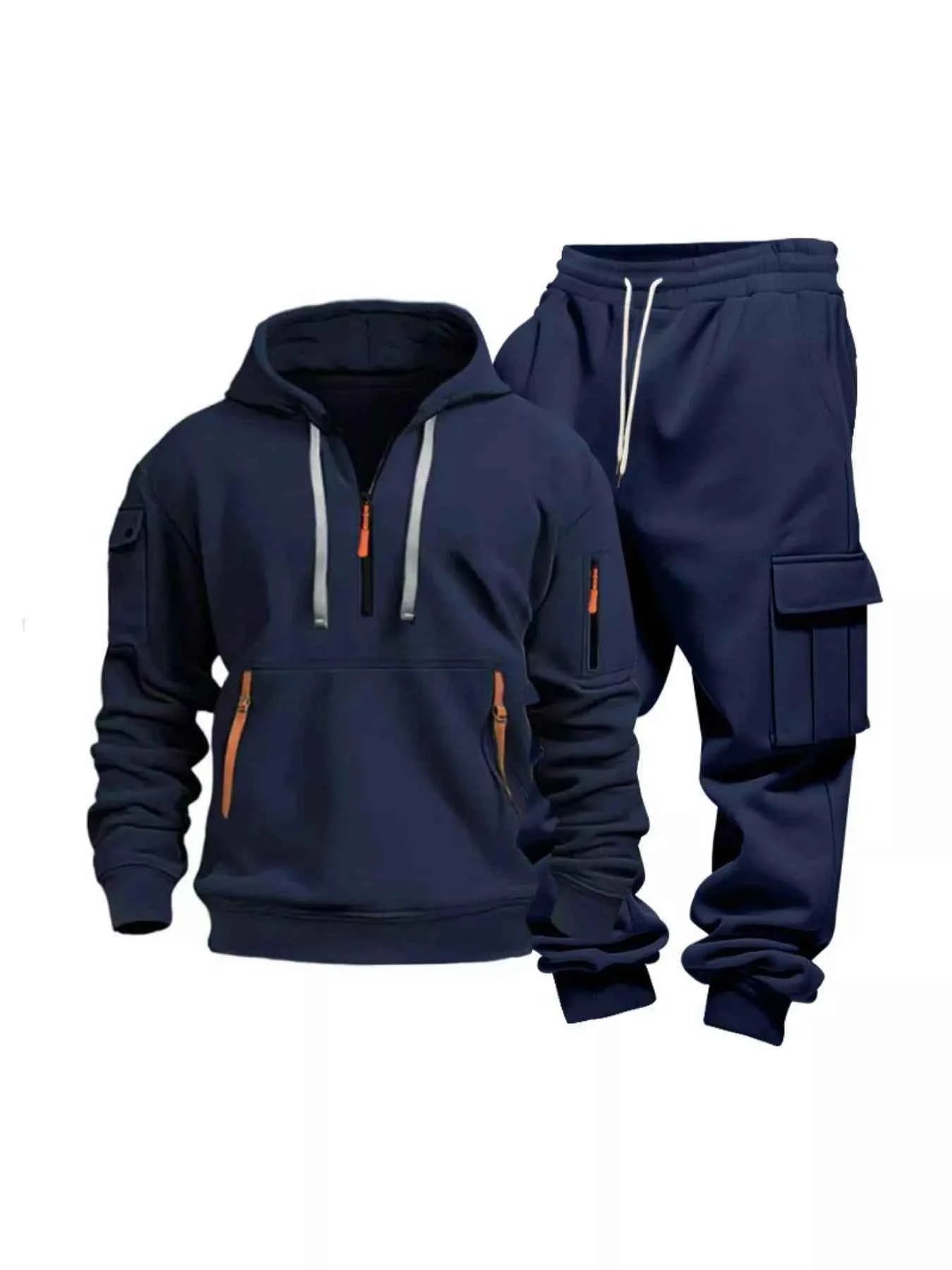 TEEK - Mens Full Size Half Zip Hoodie and Cargo Pants Set SET TEEK Trend