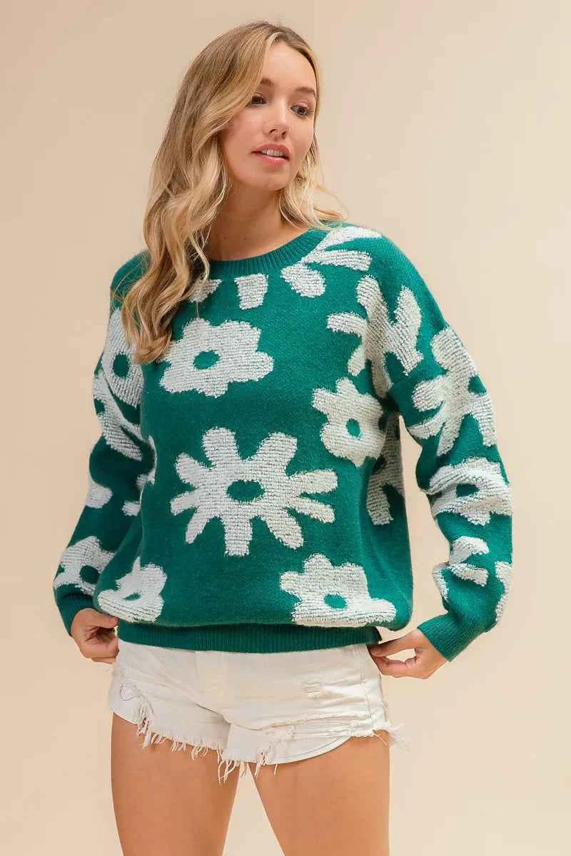TEEK - Flower Pattern Long Sleeves Sweater Top TOPS TEEK Trend