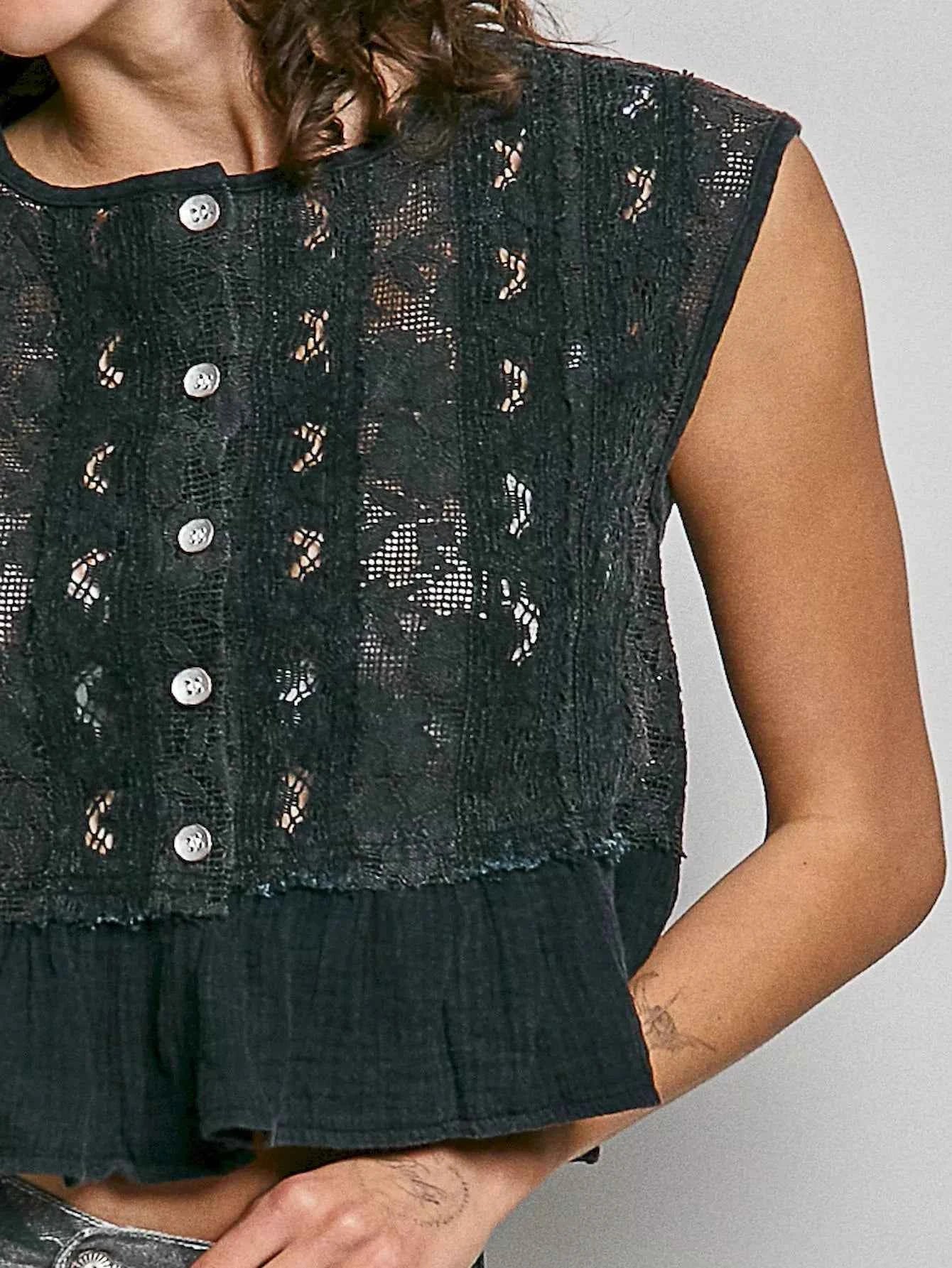 POL Round Neck Lace Sleeveless Top with Double Gauze Ruffle Trendsi