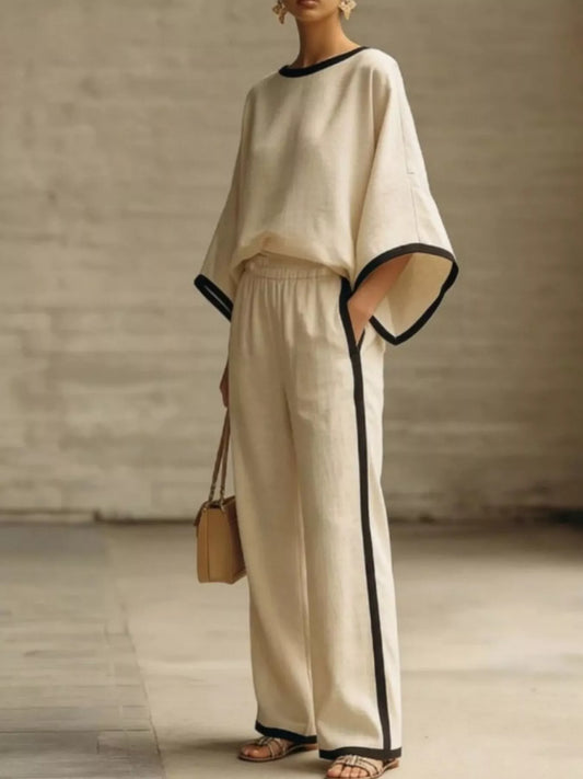 Full Size Contrast Trim Top and Wide-Leg Pants Set Plus Size Trendsi