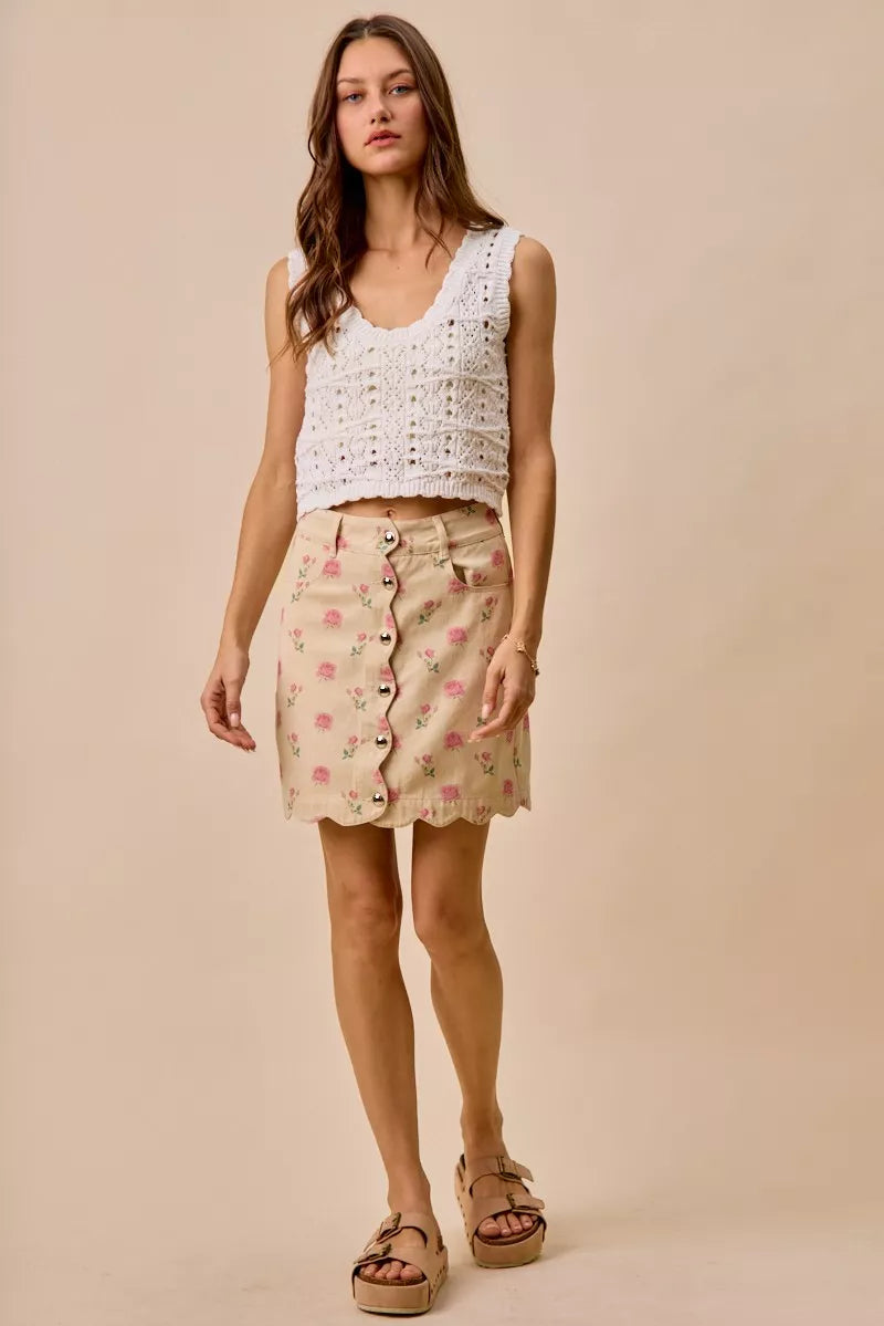 TEEK - Floral Rose Print Cotton Twill Scallop Mini Skirt SKIRT TEEK Trend