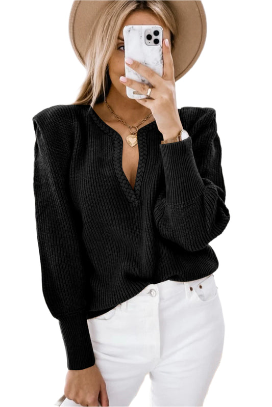 TEEK - Black Solid Color Notched Long Sleeve Sweater TOPS TEEK Trend