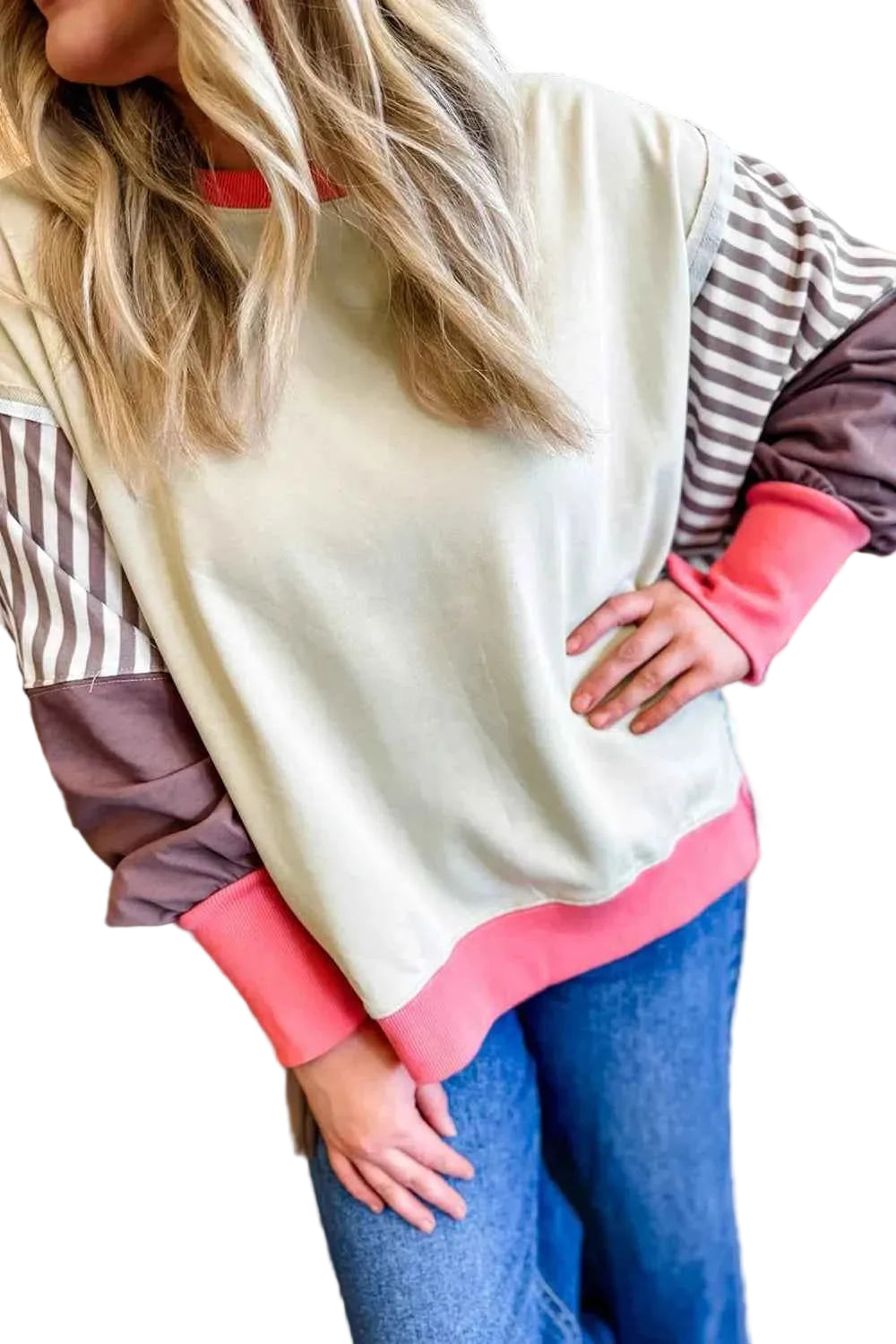 TEEK - Color Block Striped Patchwork Dolman Slit Sweatshirt TOPS TEEK Trend Cream S