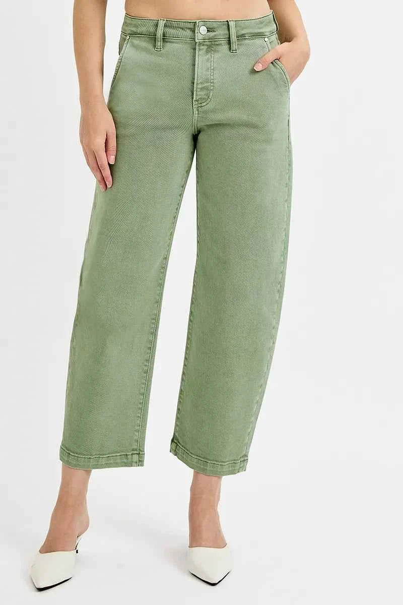 TEEK - Full Size Tummy Control High Rise Crop Barrel Jeans Plus Size JEANS TEEK Trend OLIVE 0