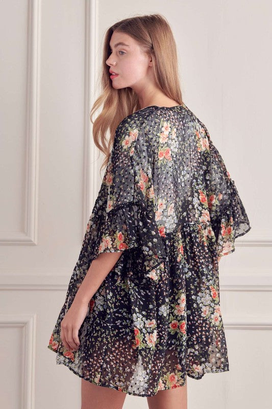 TEEK - BLACK FLORAL PRINT RUFFLE SLEEVE KIMONO SHAWL TEEK FG