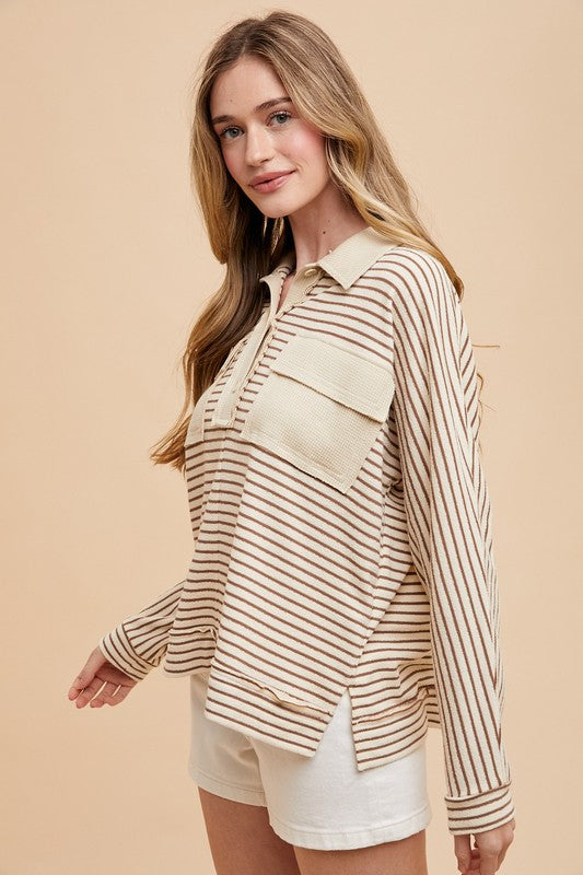 TEEK - Taupe Combo Striped Buttoned Long Sleeve Top TOPS TEEK Trend