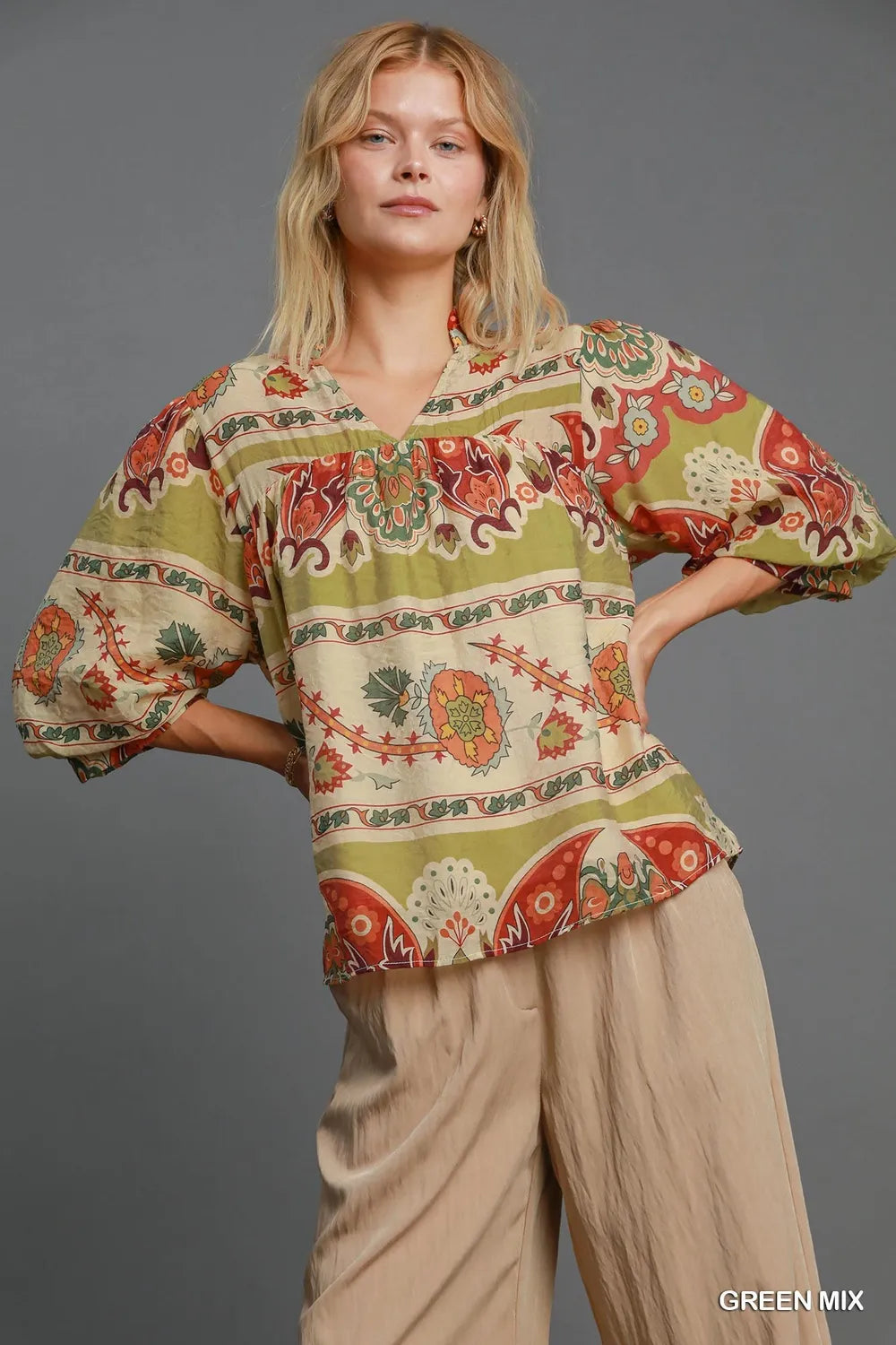 TEEK - Yellow Brown Border Notched 3/4 Puff Sleeve Blouse TOPS TEEK Trend