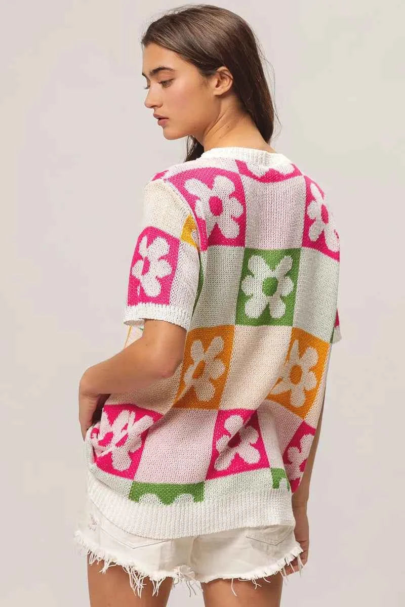 TEEK - Flower Checker Pattern Lightweight Sweater Top TOPS TEEK Trend