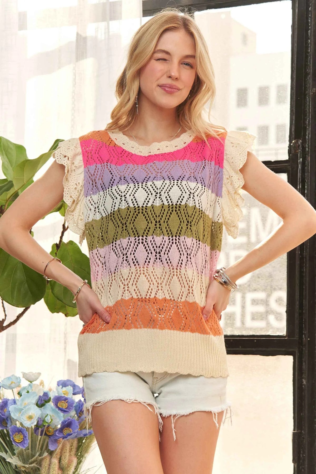 TEEK - Eyelet Sleeve Multi Color Crochet Top TOPS TEEK Trend