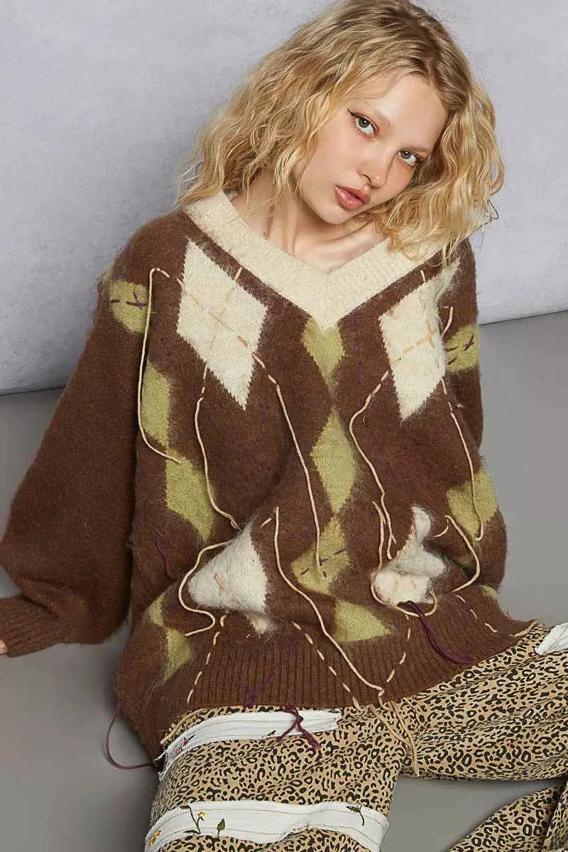 TEEK - V-Neck Argyle Pattern Mohair Contrast Exposed Stitch Sweater TOPS TEEK Trend