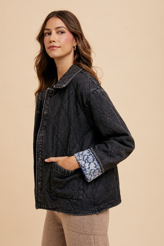 TEEK - Black Quilted Printed Lining Snap Down Denim Jacket JACKET TEEK Trend