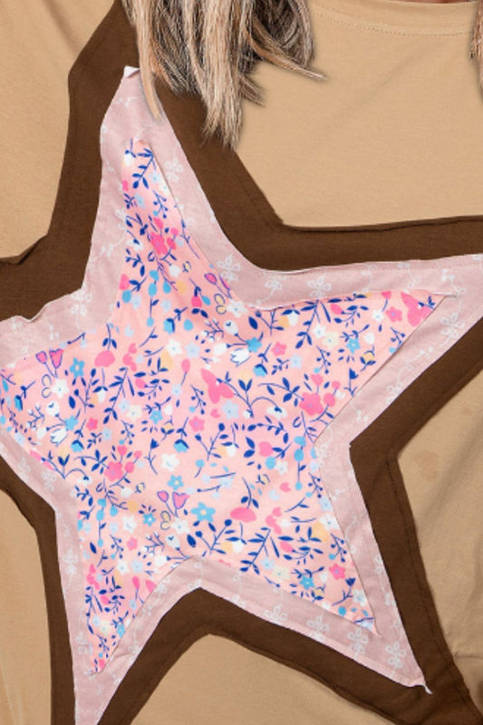 TEEK - Tan Star Patch Round Neck T-Shirt TOPS TEEK Trend