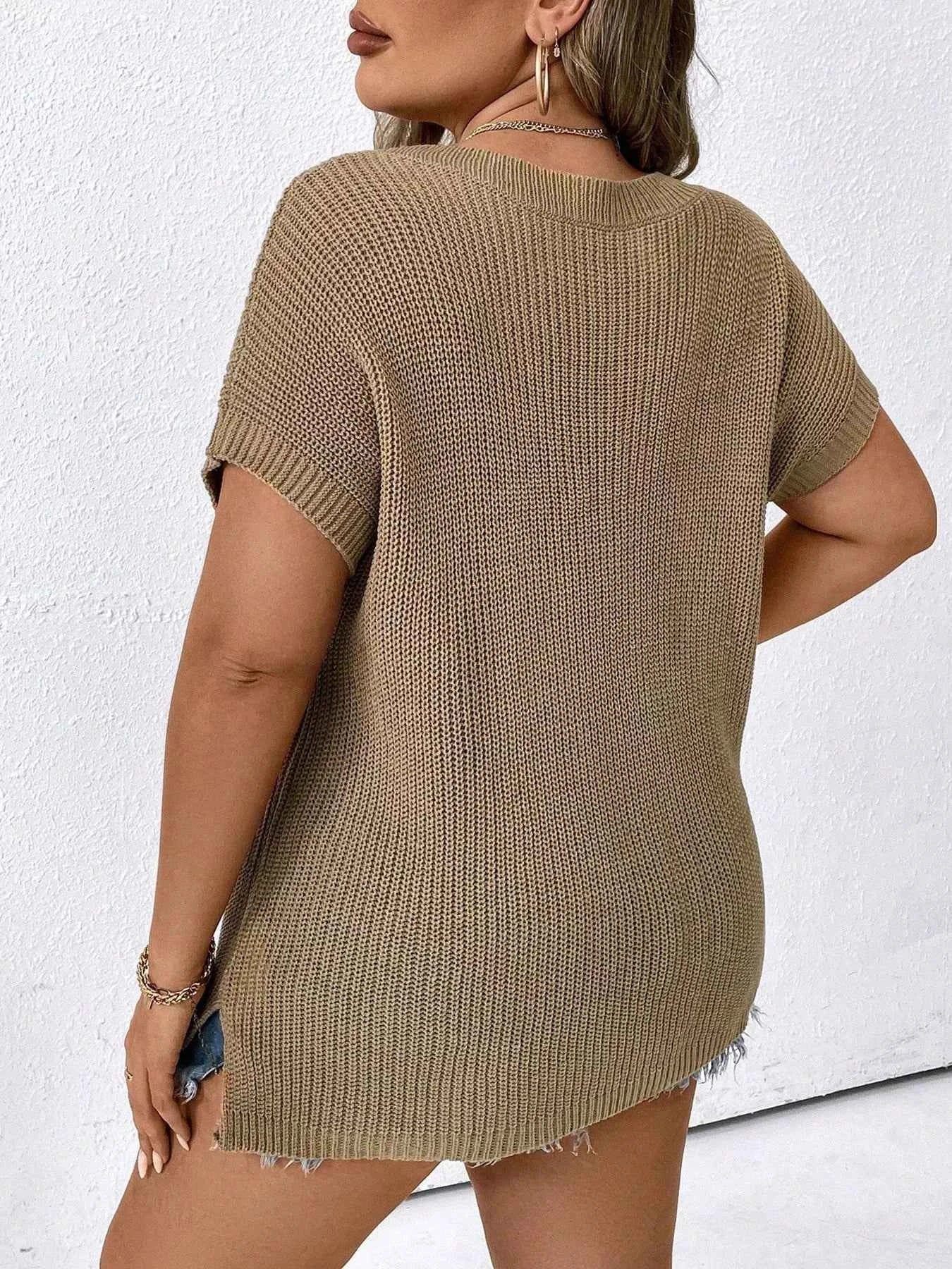 TEEK - Plus Size V-Neck Short Sleeve Pocketed Knit Top TOPS TEEK Trend