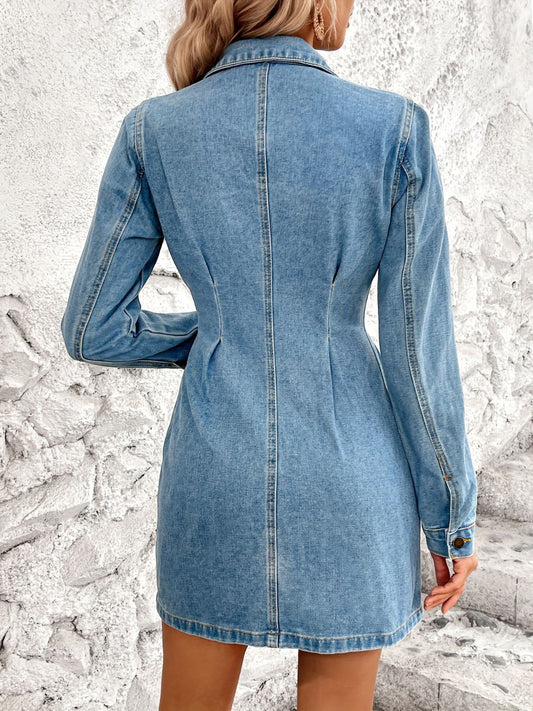 TEEK - Pocketed Button Up Long Sleeve Medium Wash Denim Dress TEEK Trend